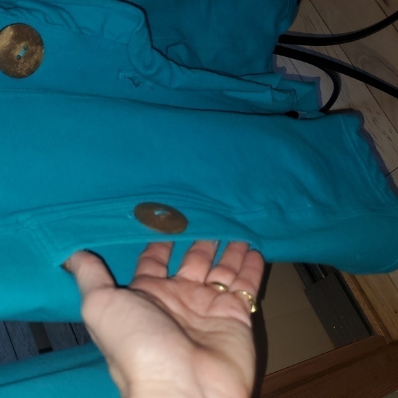Neon Buddha Aqua Unique Buttons Long Stretch Lagenlook Sz XL Jacket w Pockets - Picture 6 of 14